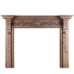 Vintage English Pine Fireplace with Carved Fruit & Foliage