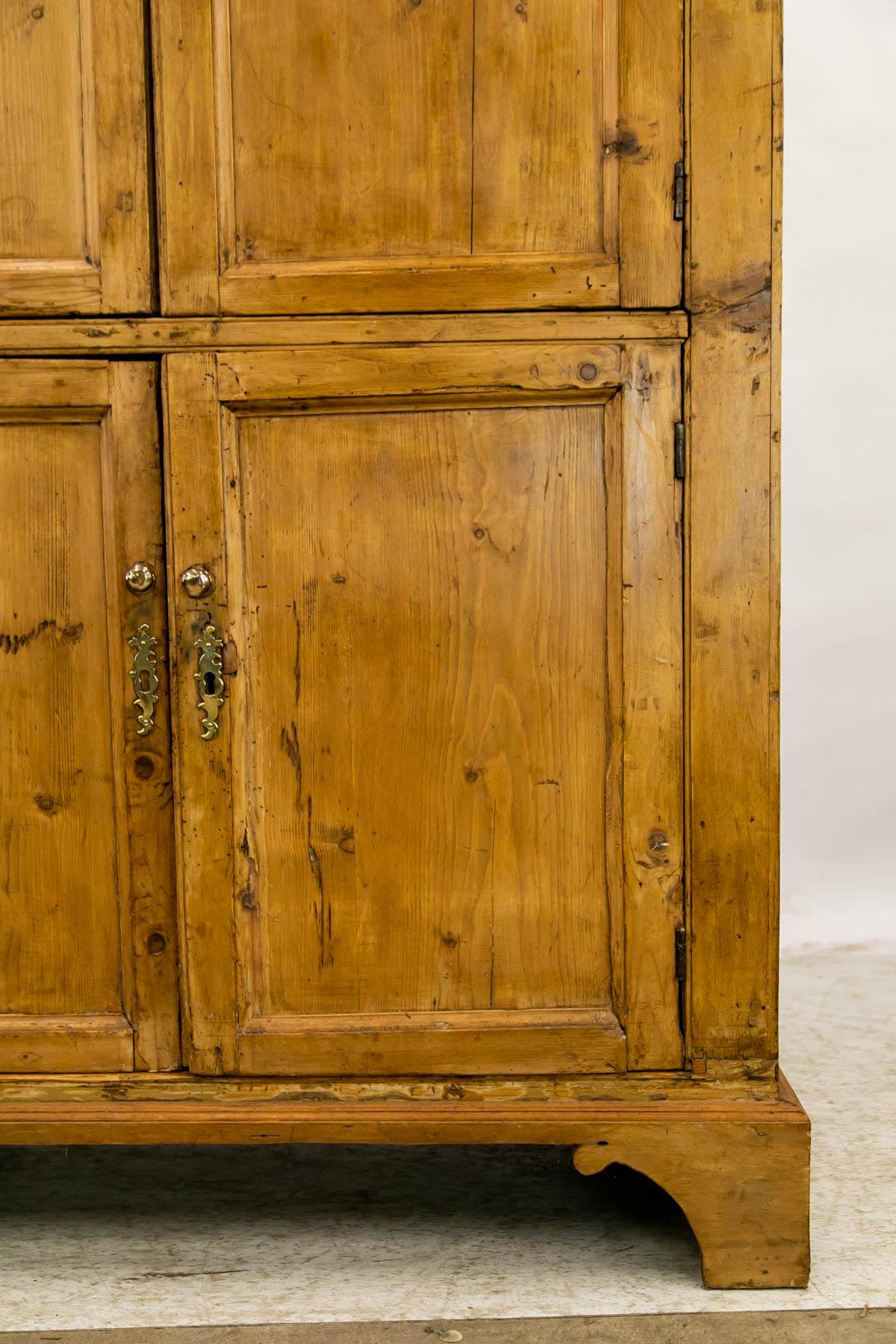 Brass English Pine Four Door Cupboard For Sale