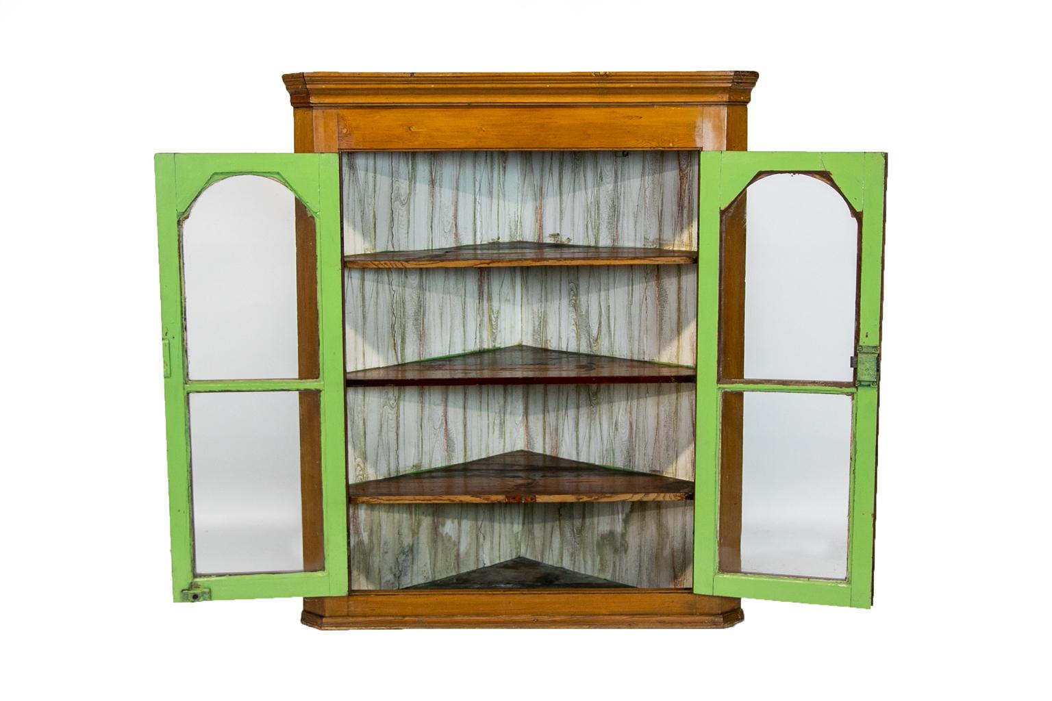 pine wall cabinet with glass doors