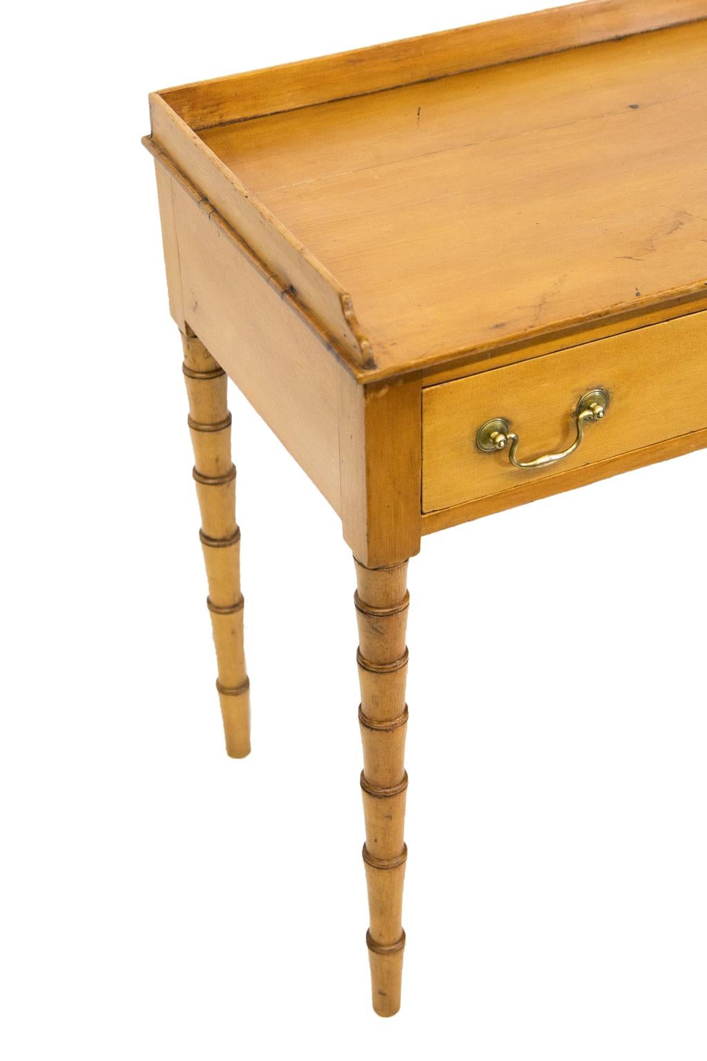 Brass English Pine One-Drawer Faux Bamboo Table