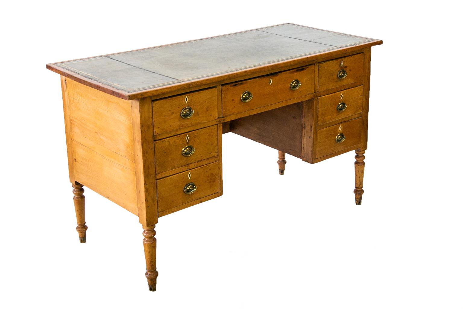 Brass English Pine Seven-Drawer Writing Desk