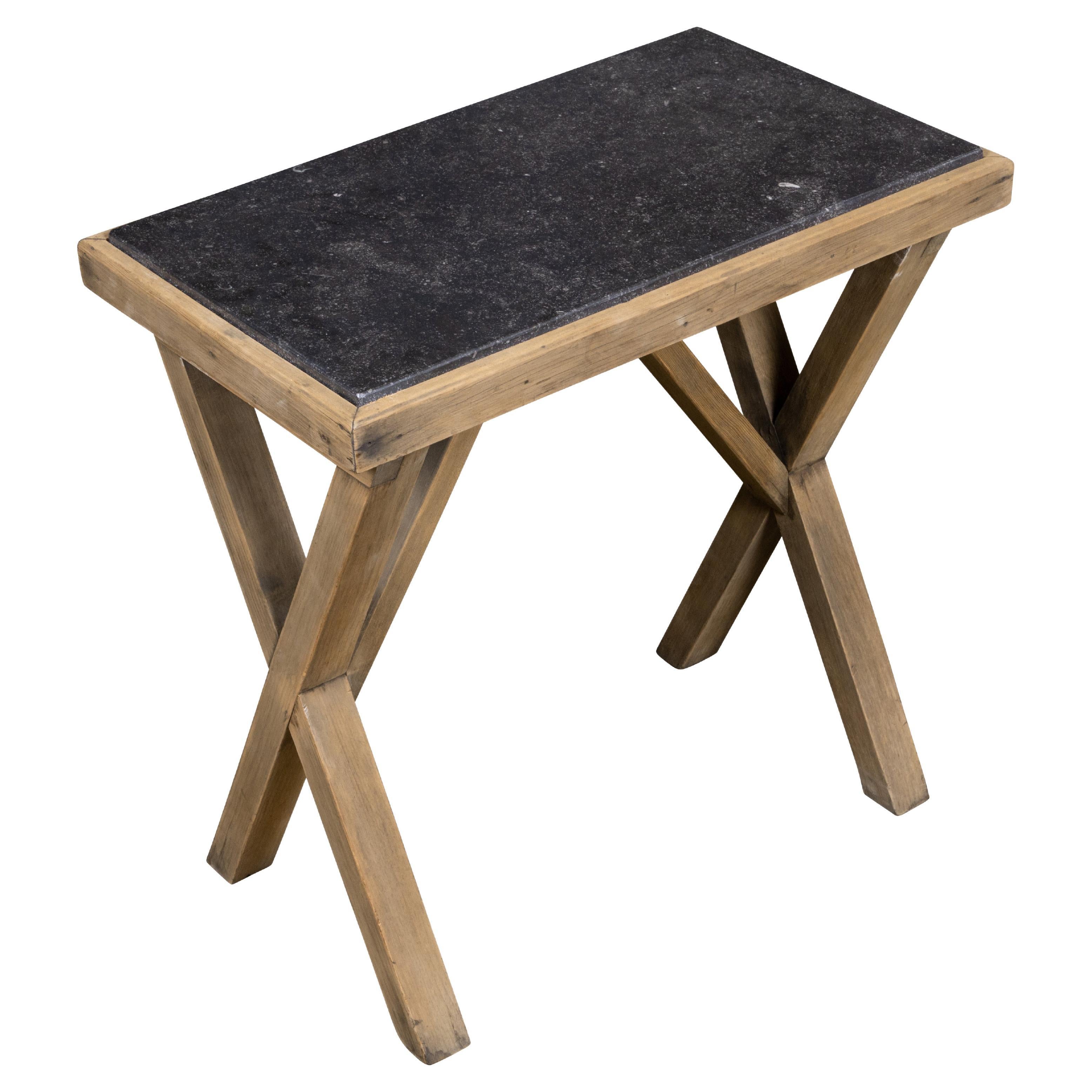English Pine Side Table with Black Marble Top and X-Form Base, Circa 1880 For Sale