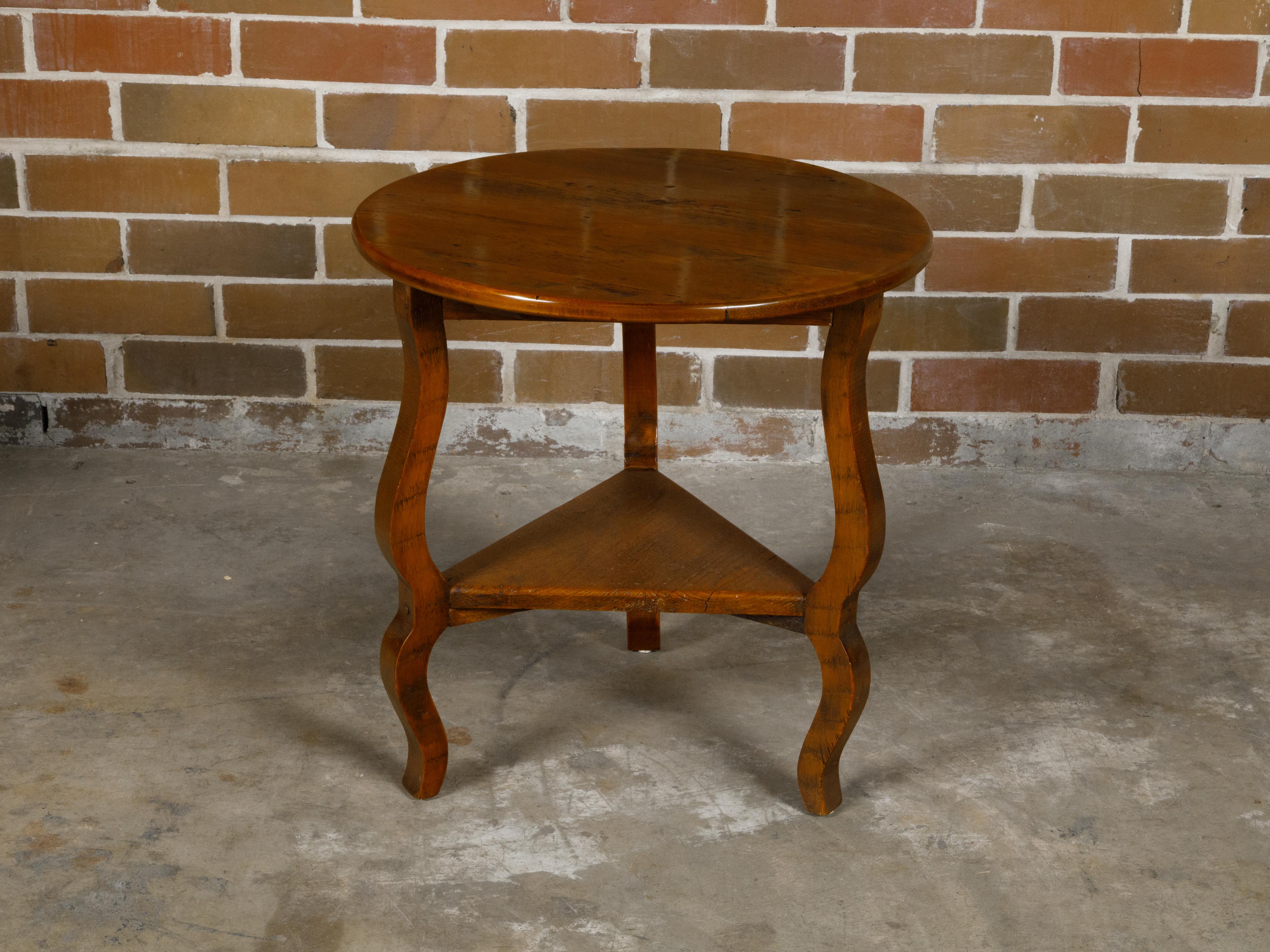 English Pine Side Table with Circular Top, Curving Legs and Triangular Shelf For Sale 6