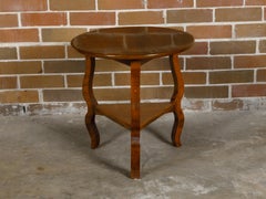 English Pine Side Table with Circular Top, Curving Legs and Triangular Shelf