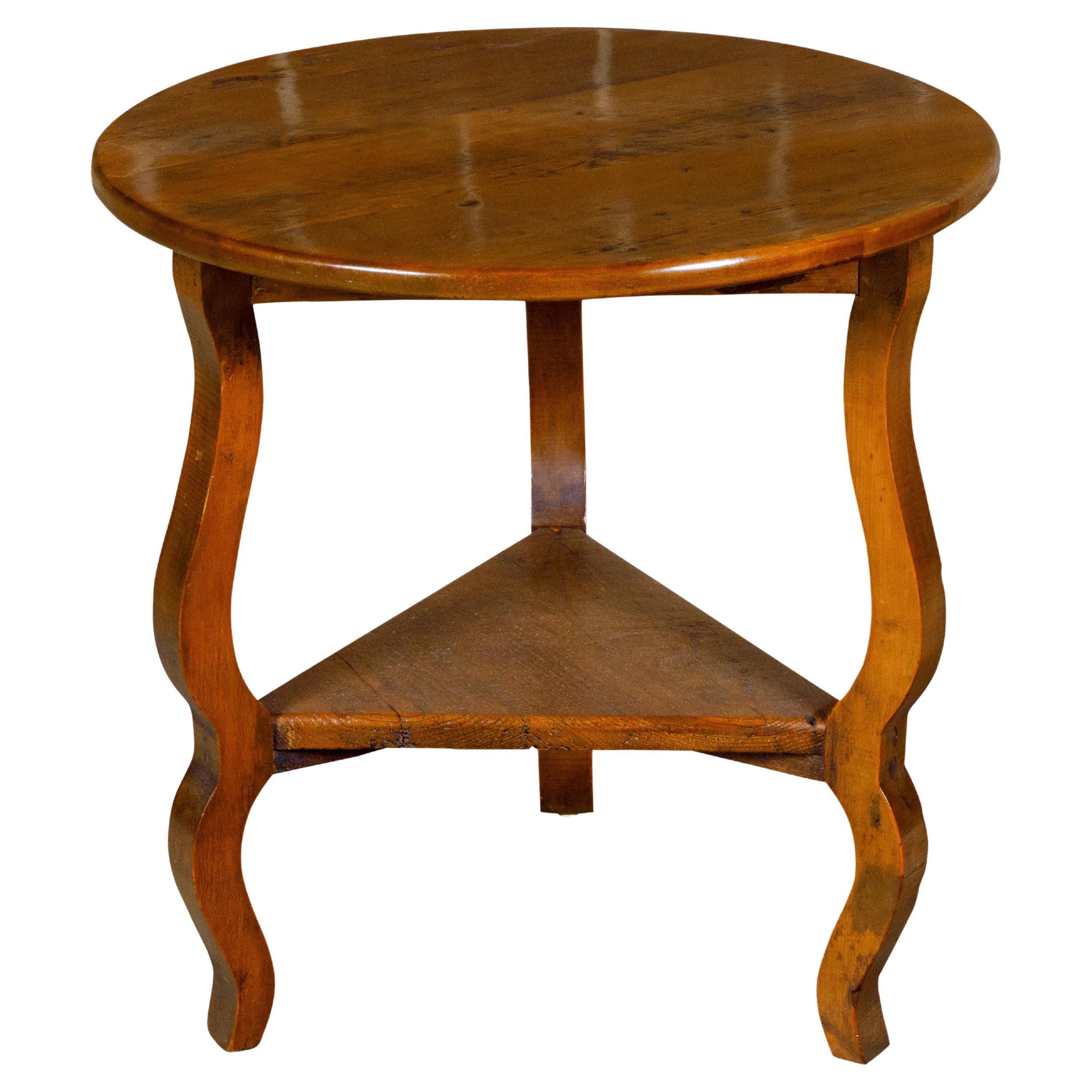 English Pine Side Table with Circular Top, Curving Legs and Triangular Shelf For Sale