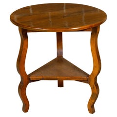 Antique English Pine Side Table with Circular Top, Curving Legs and Triangular Shelf