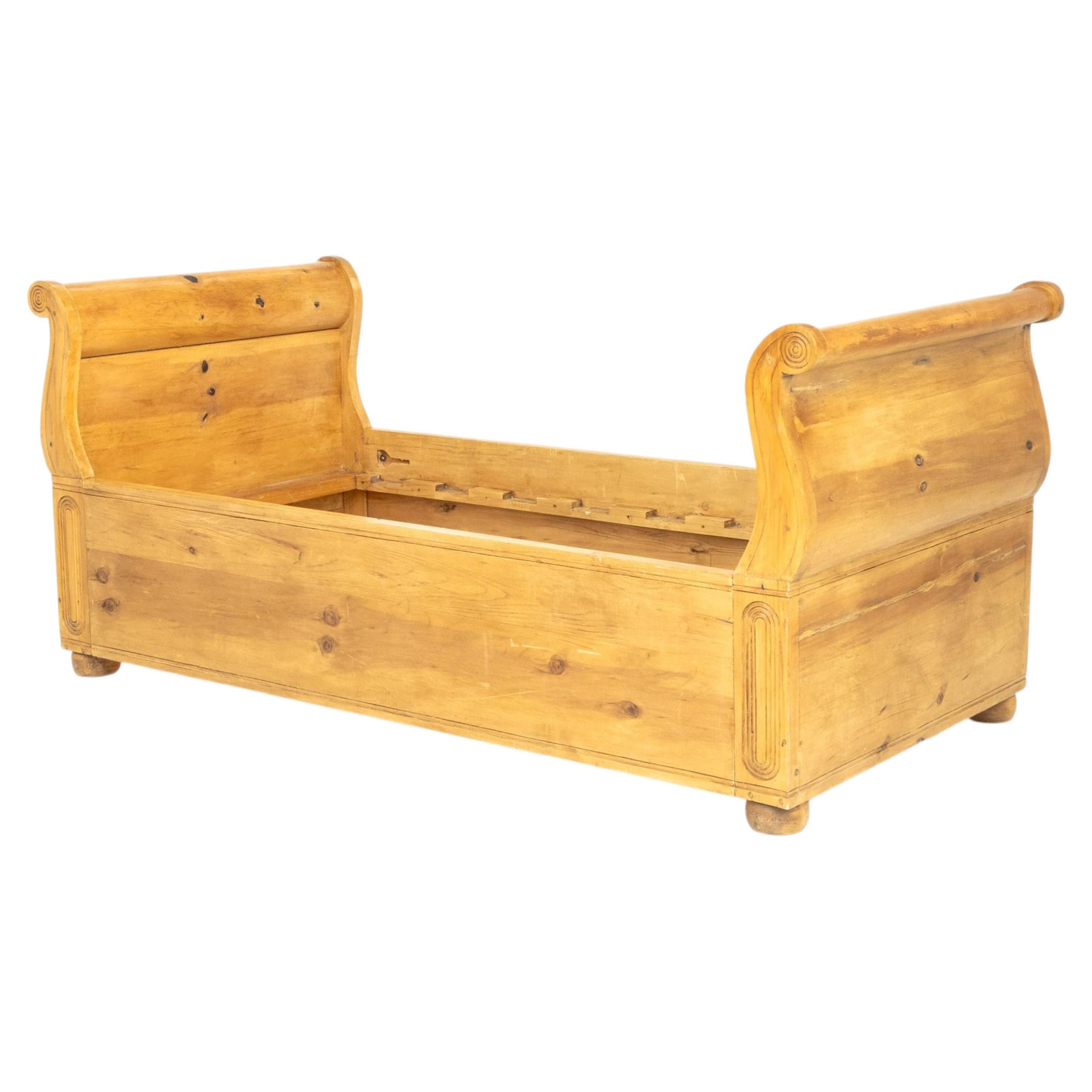 English Pine Sleigh Bed Frame, Carved Accents Above Bun Feet