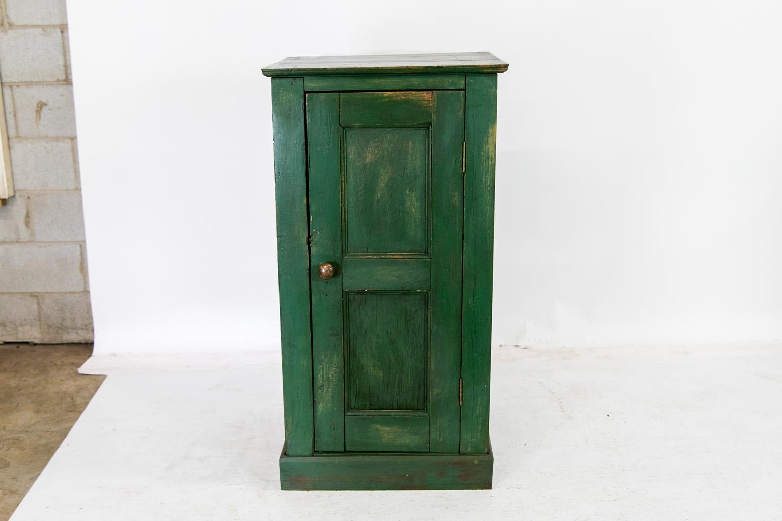 The front door and sides of this English pine storage cabinet have recessed panels framed by molding. The interior has four levels with fixed shelves. 
 