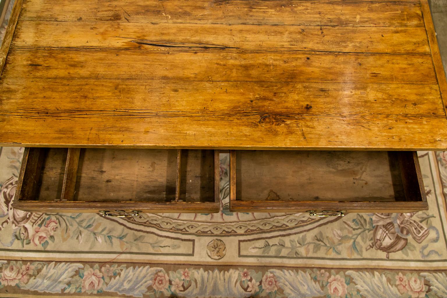 Brass English Pine Two Drawer Serving Table For Sale