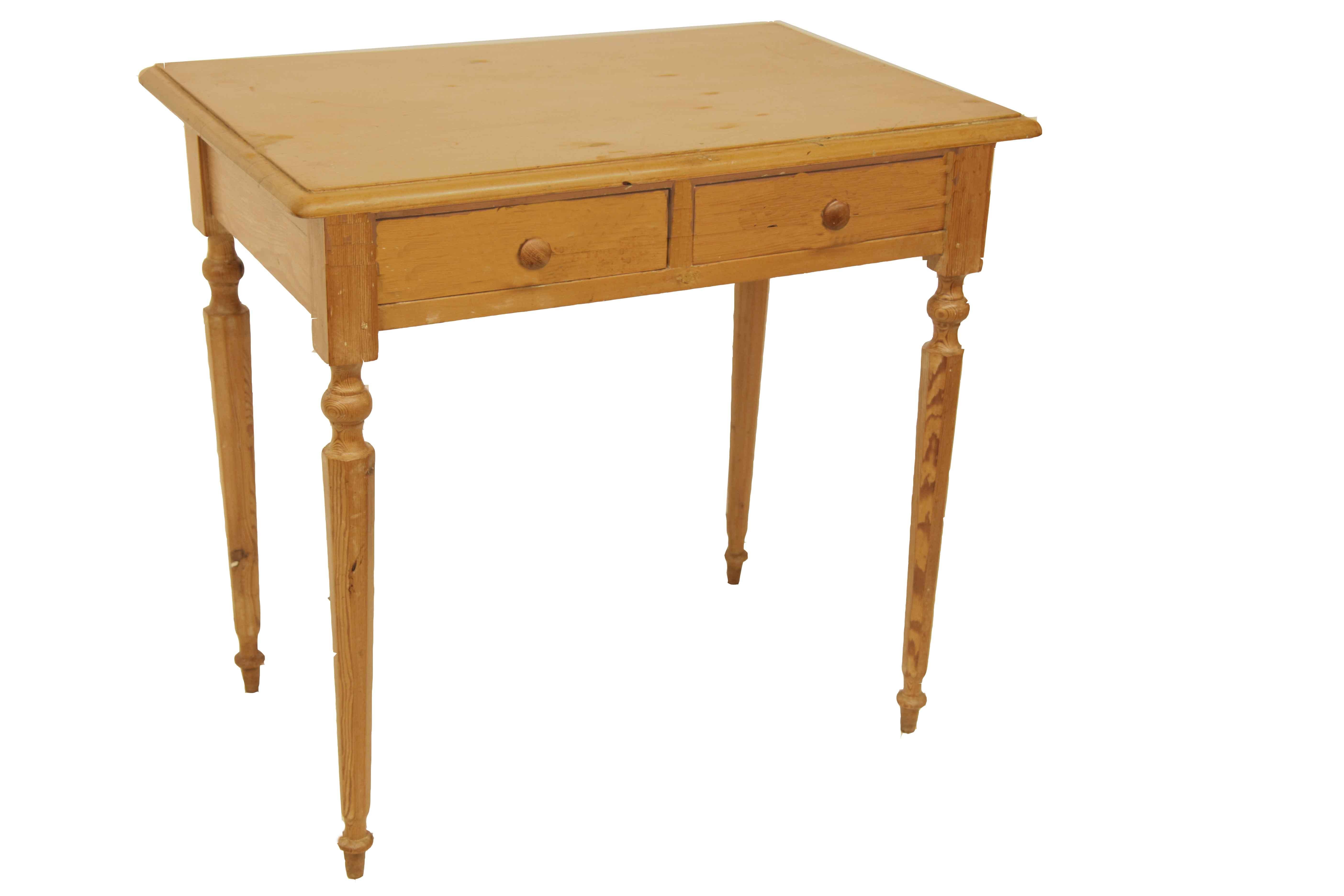 English pine two drawer table, this table, with a wax finish, has a warm color and patina; the unique feature are the tapered and turned legs that each have a octagonal shape. The two drawers retain the original knobs. Of note, there is enough