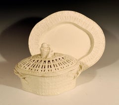 English Plain Creamware Openwork Covered Basket and Stand, Prob. Staffordshire