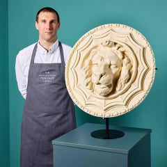 English Plaster Lion Head Roundel on Stand