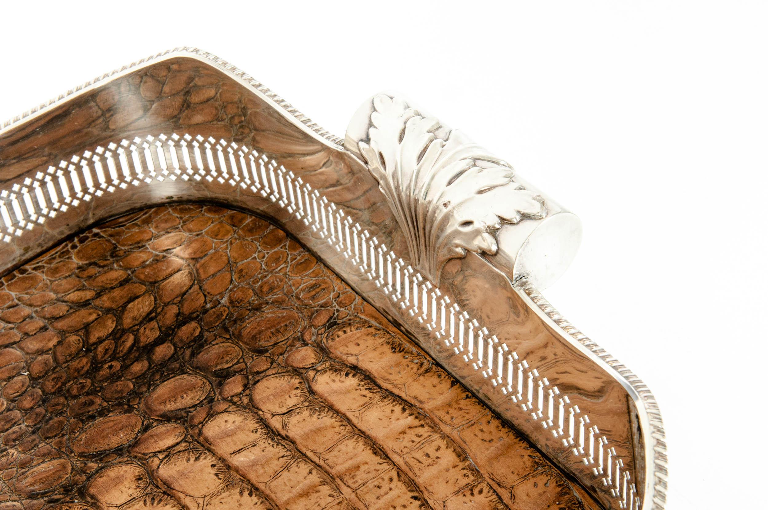 Early 20th Century English Plated Crocodile Interior / Side Handles Barware Tray