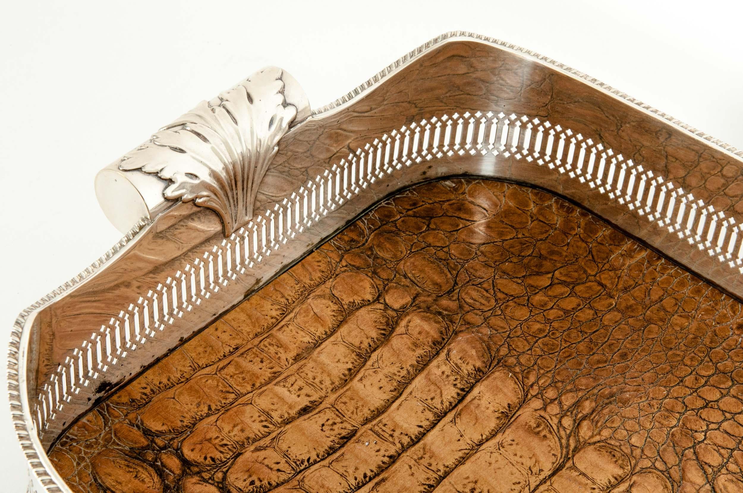 Silver Plate English Plated Crocodile Interior / Side Handles Barware Tray