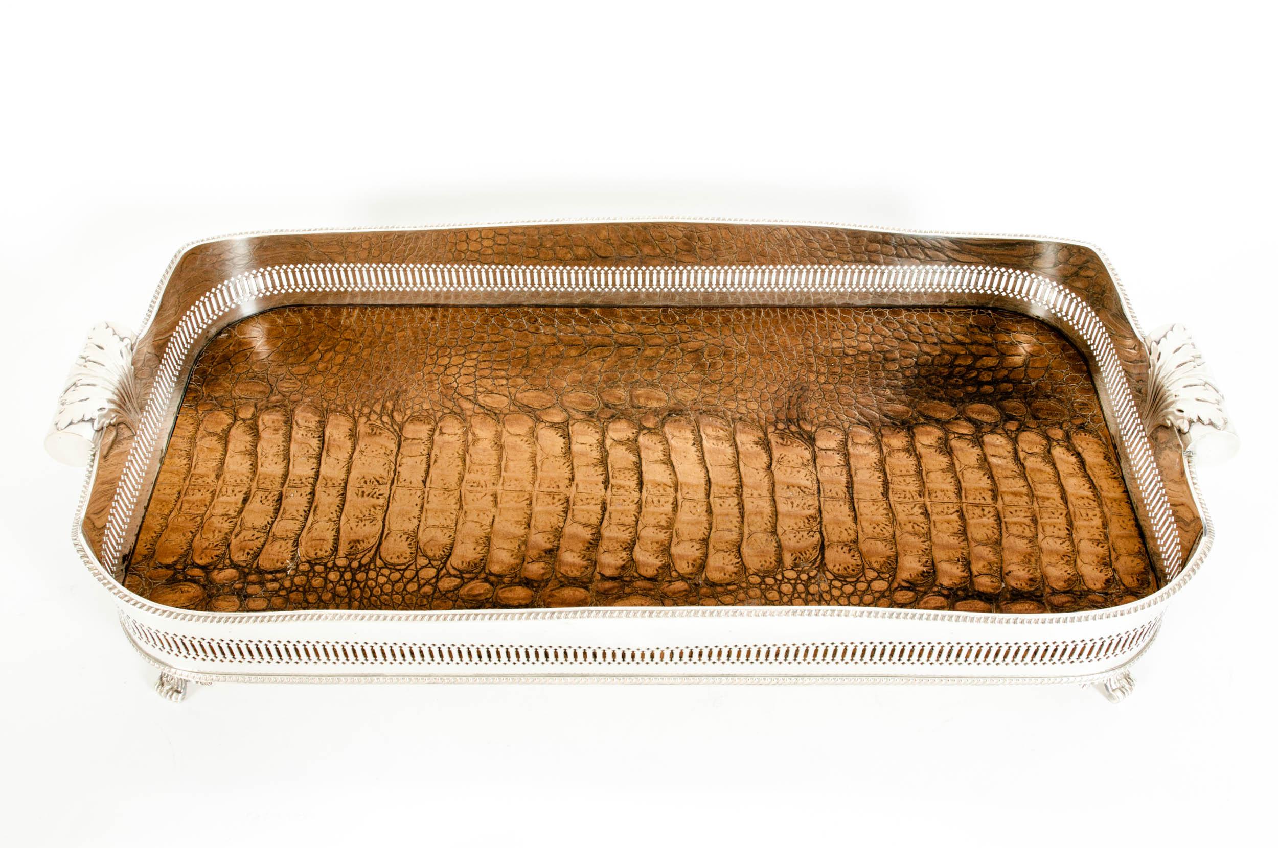 English Plated Crocodile Interior / Side Handles Barware Tray 1