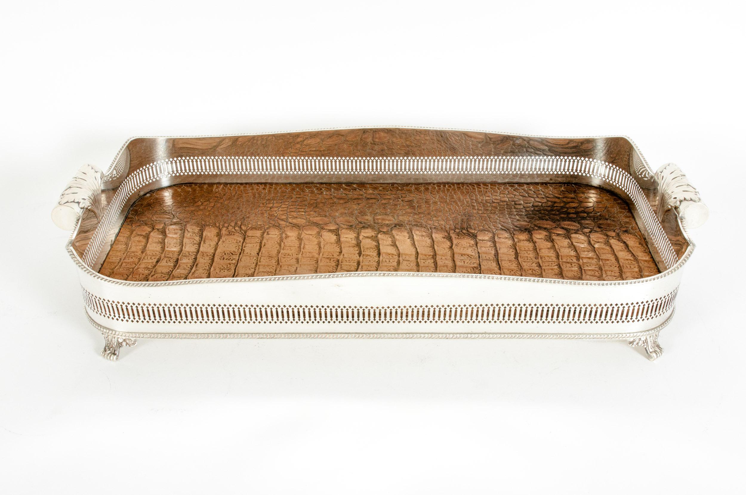 English Plated Crocodile Interior / Side Handles Barware Tray 4