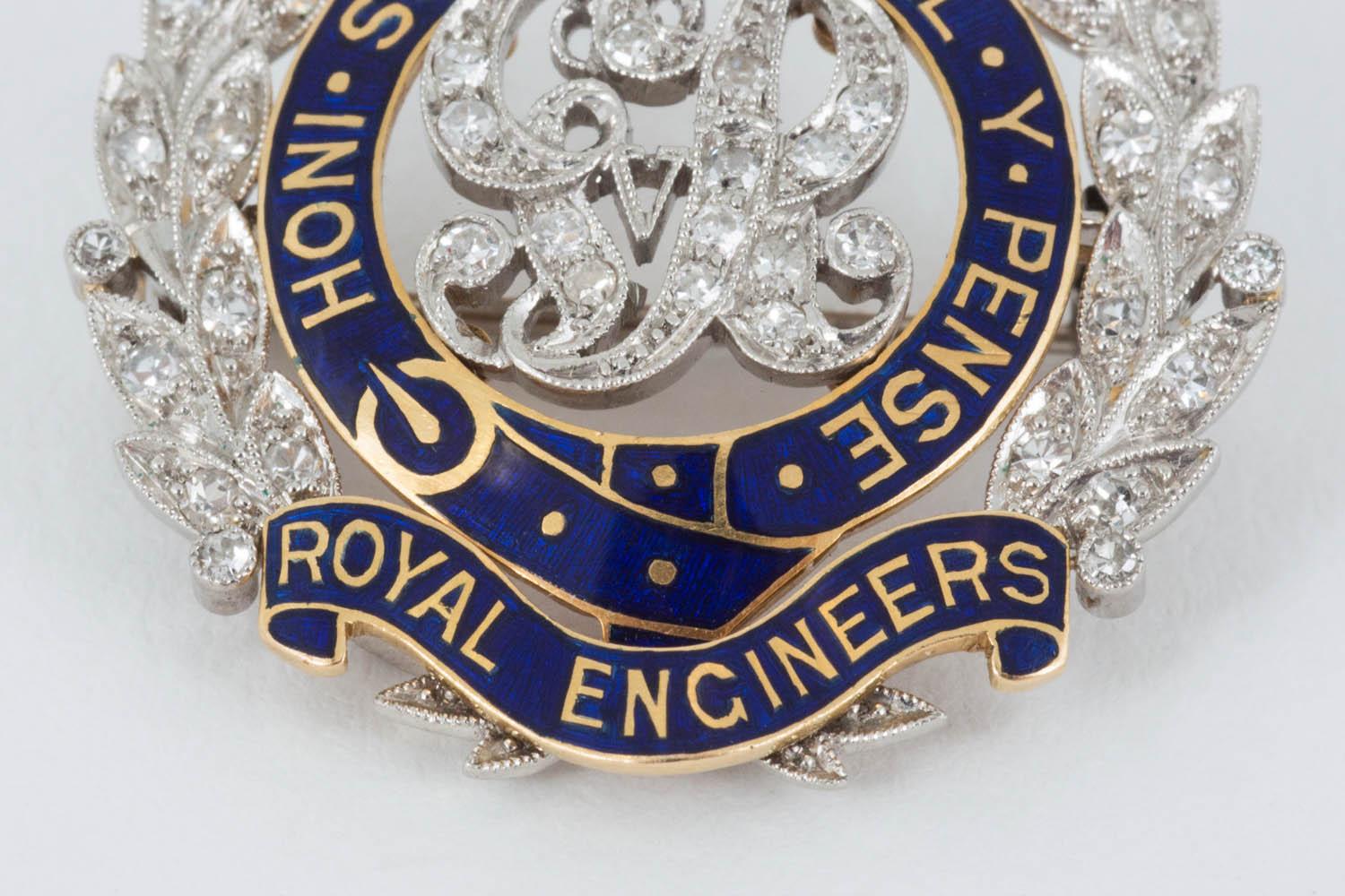 Edwardian English  Platinum and 18 Carat Gold Royal Engineers Brooch 