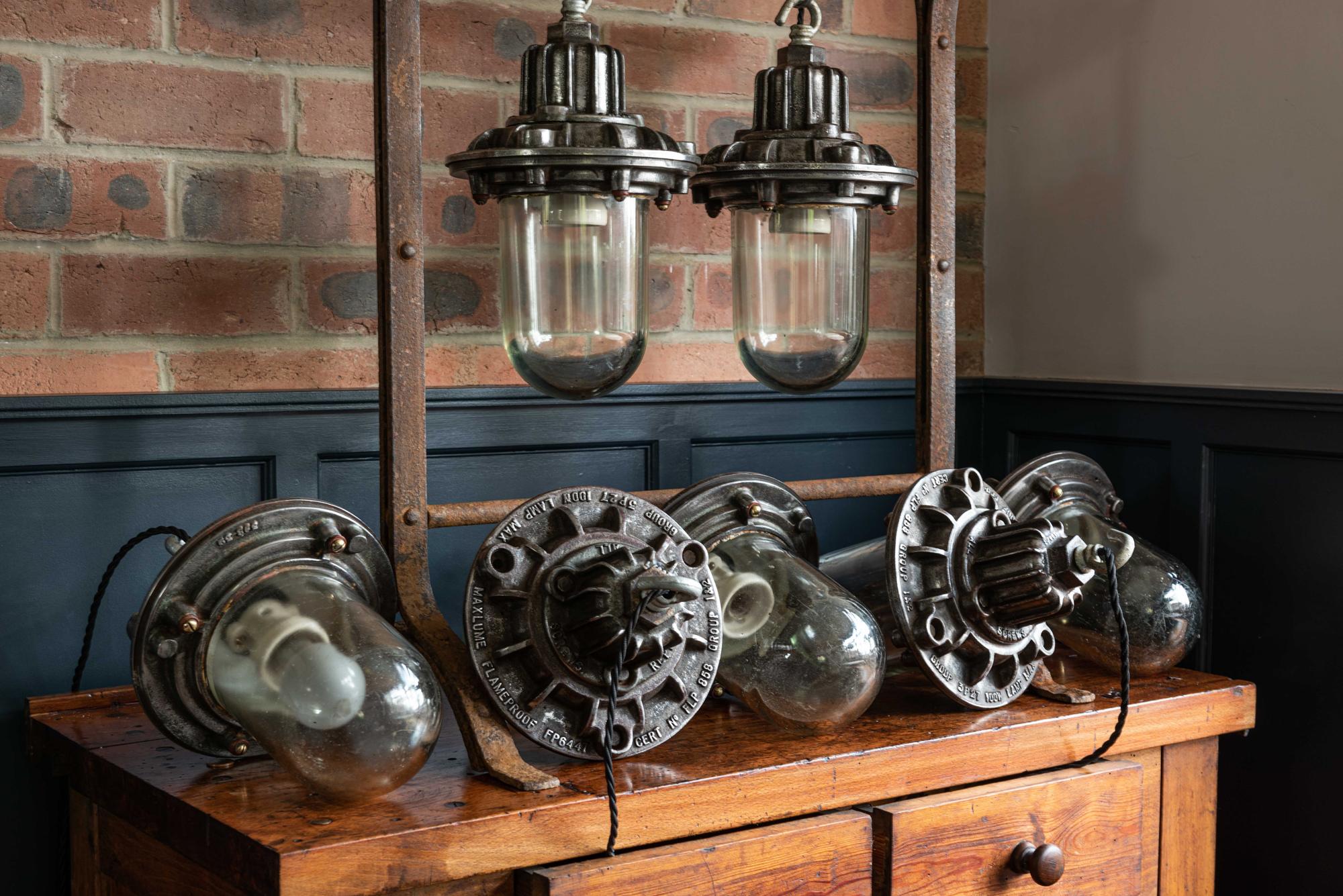 English Polished Cast Iron Factory 'Maxlume' Flameproof Pendants, circa 1950 In Good Condition In Staffordshire, GB