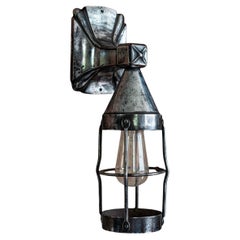Antique English Polished Cast Iron Outdoor Cage Lamp, circa 1920