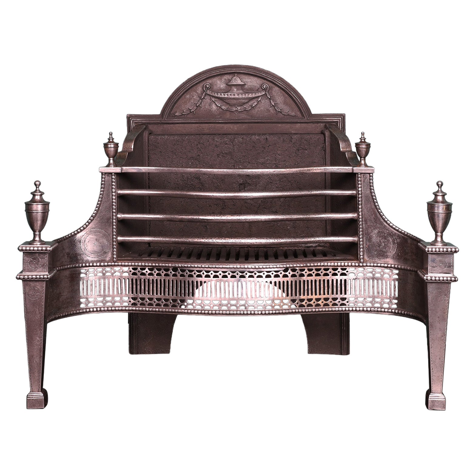 English Polished Steel Adam-Style Fireplace Fire Grate Circa 1890