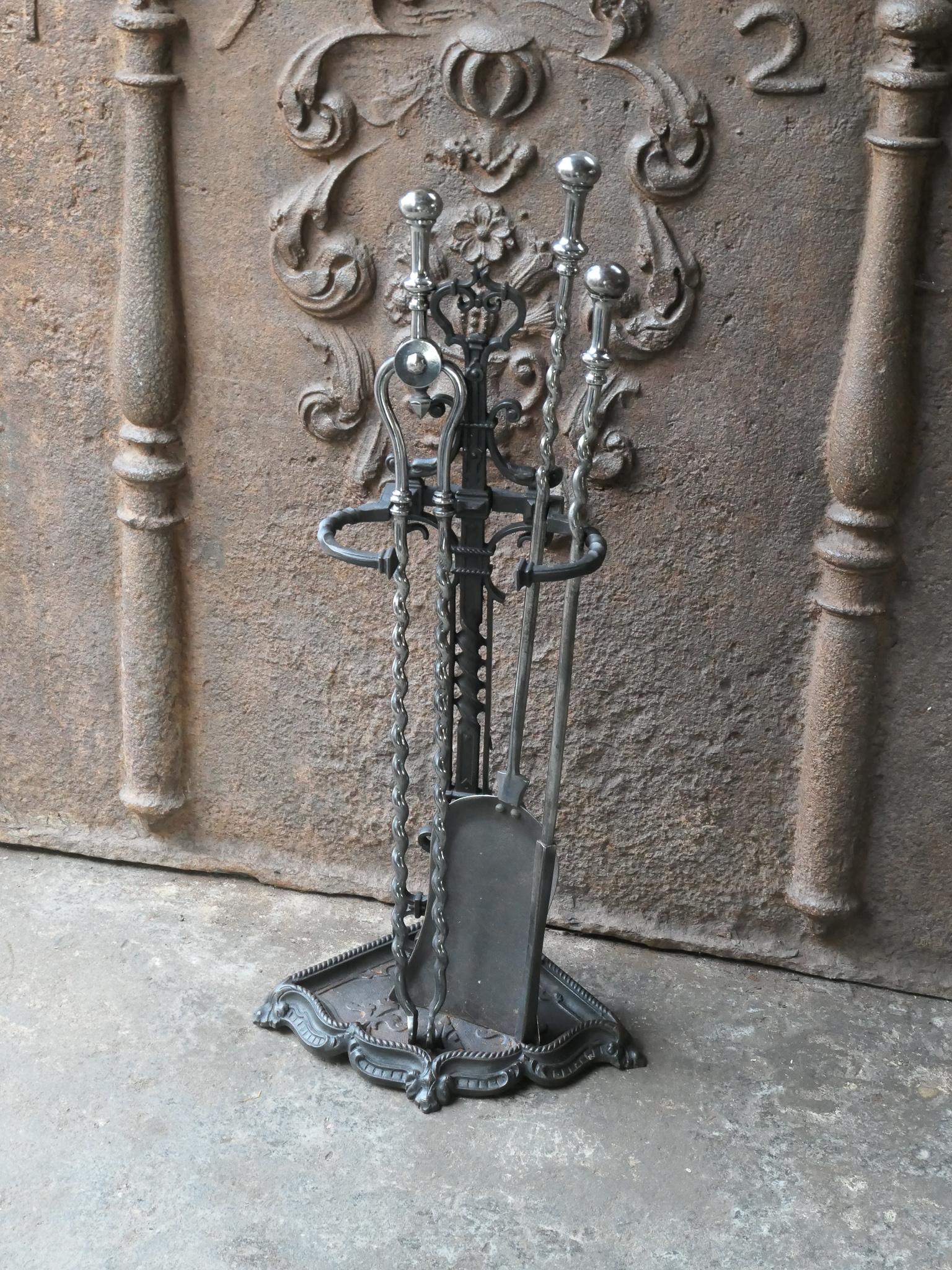 Cast English Polished Steel Victorian Fireside Companion Set, 19th C For Sale