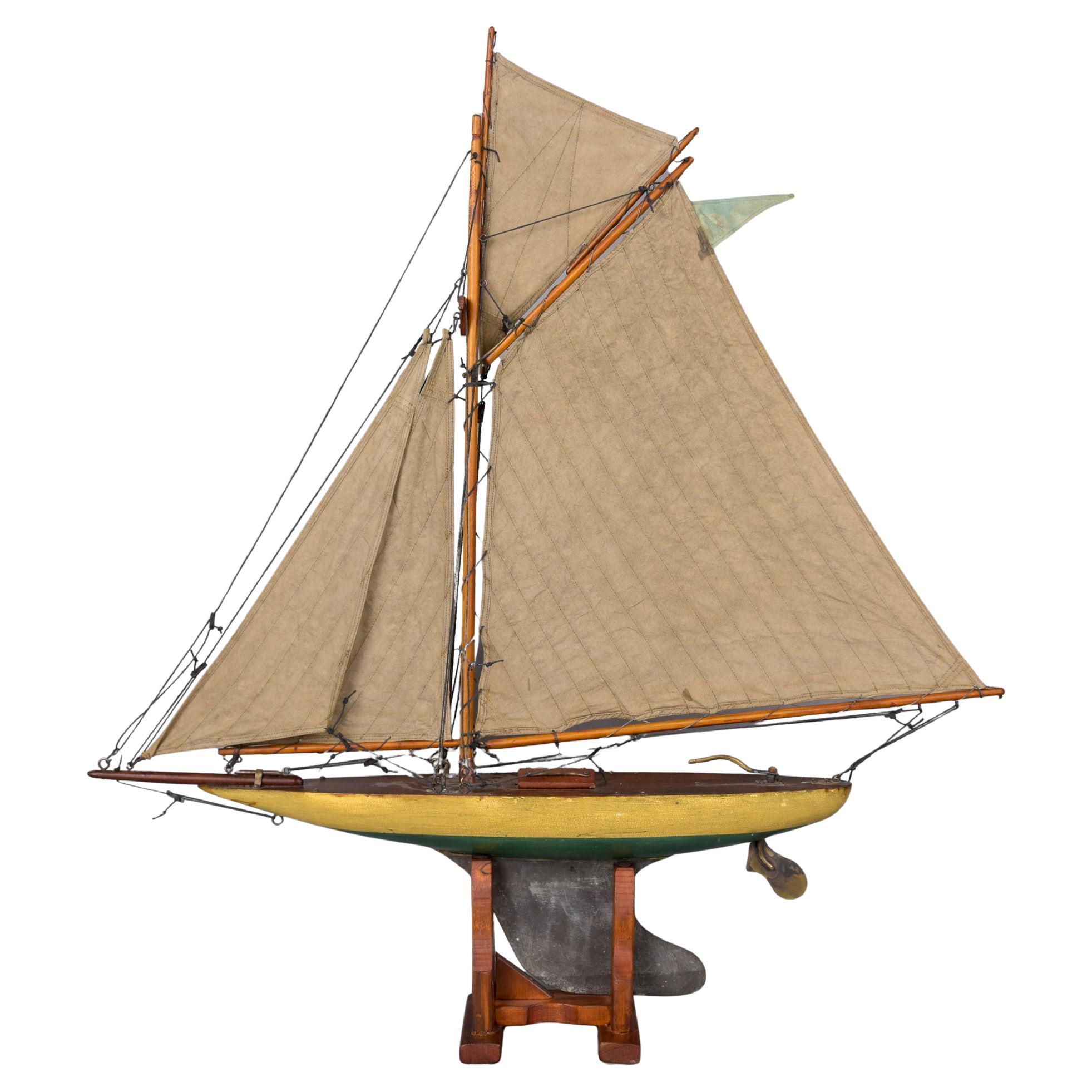English Pond Boat on Stand with Original Sails Brass Rudder Zinc Keel C. 1940