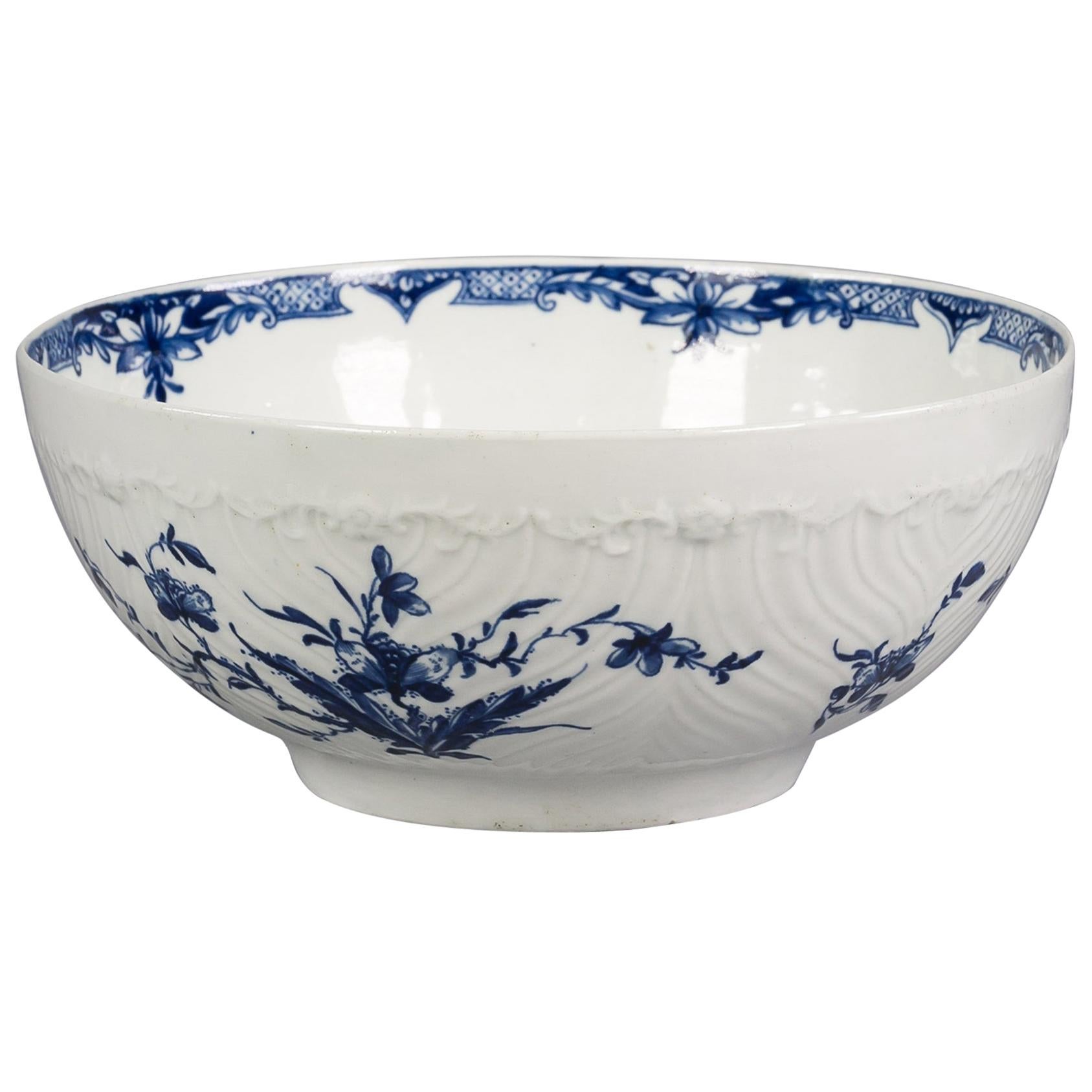 English Porcelain Blue and White Molded Bowl, Worcester, circa 1775 For Sale