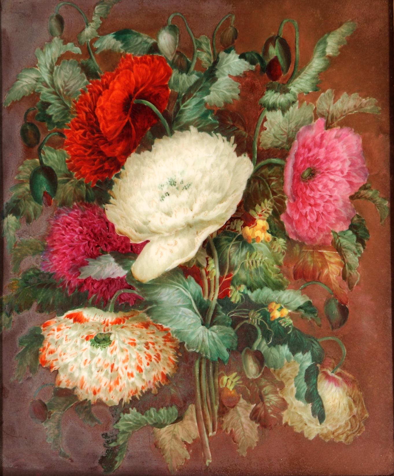 Beautiful English Porcelain Botanical Plaque,
Attributed to Derby,
Circa 1825

The upright rectangular porcelain plaque is painted with a finely painted grouping of flowers gathered into a bouquet against a dark brown background.

Dimensions: