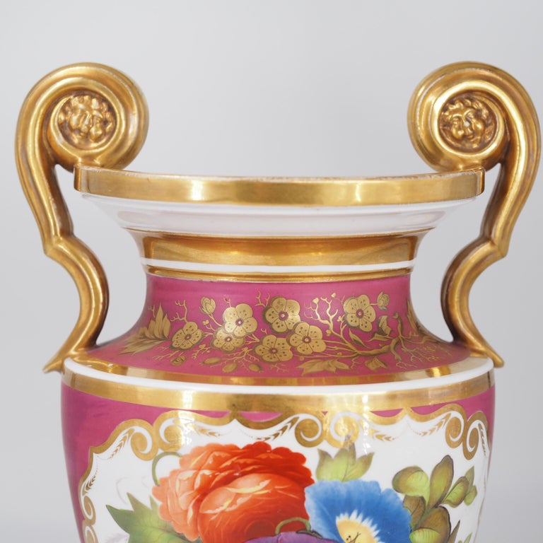 English Porcelain Classical Vase with Flower Panels, Claret Ground, c