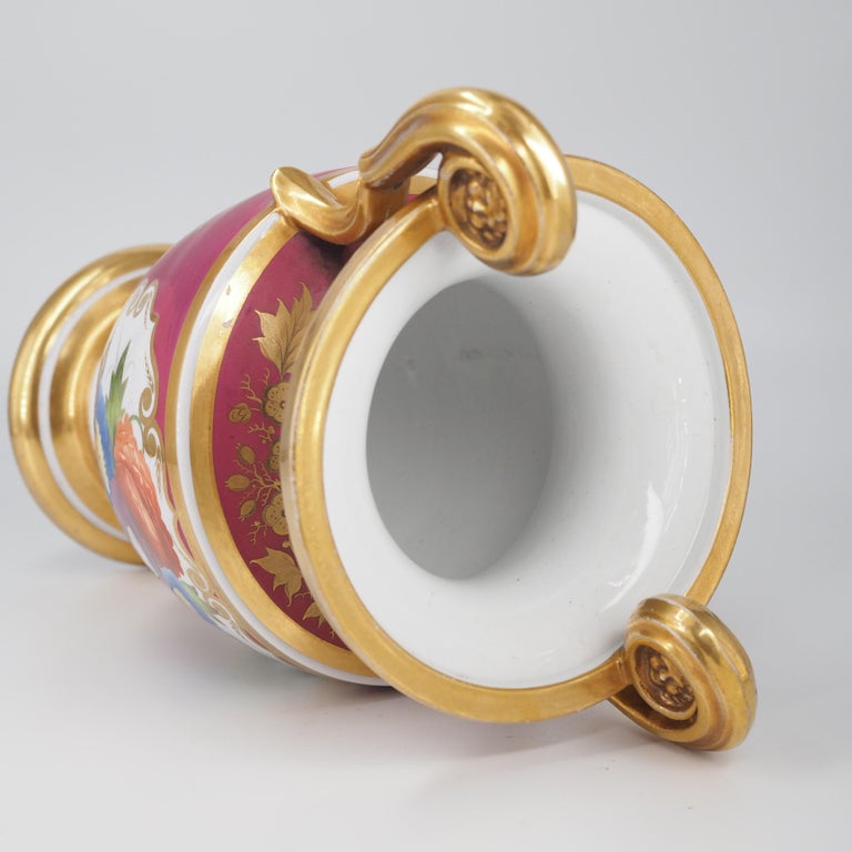 English Porcelain Classical Vase with Flower Panels, Claret Ground, c