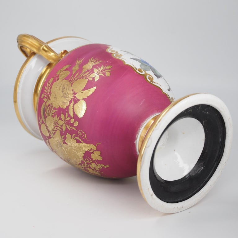 English Porcelain Classical Vase with Flower Panels, Claret Ground, c