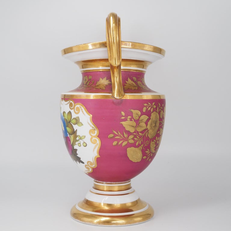 English Porcelain Classical Vase with Flower Panels, Claret Ground, c