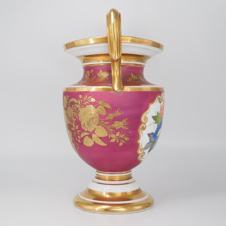 English Porcelain Classical Vase with Flower Panels, Claret Ground, c