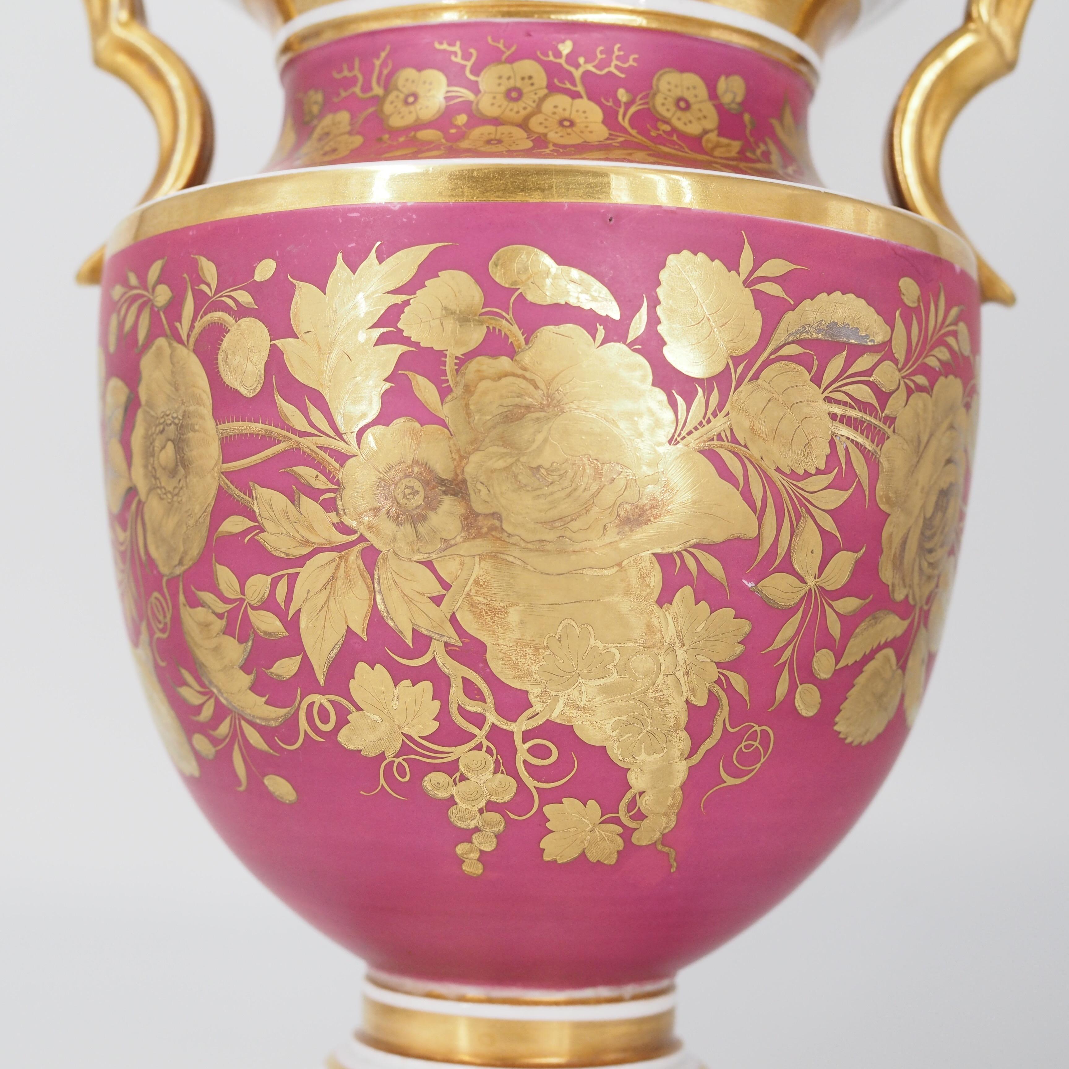 Neoclassical English Porcelain Classical Vase with Flower Panels, Claret Ground, c. 1825 For Sale