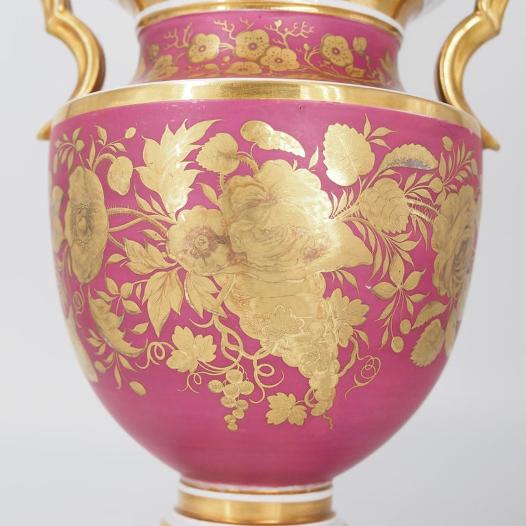English Porcelain Classical Vase with Flower Panels, Claret Ground, c