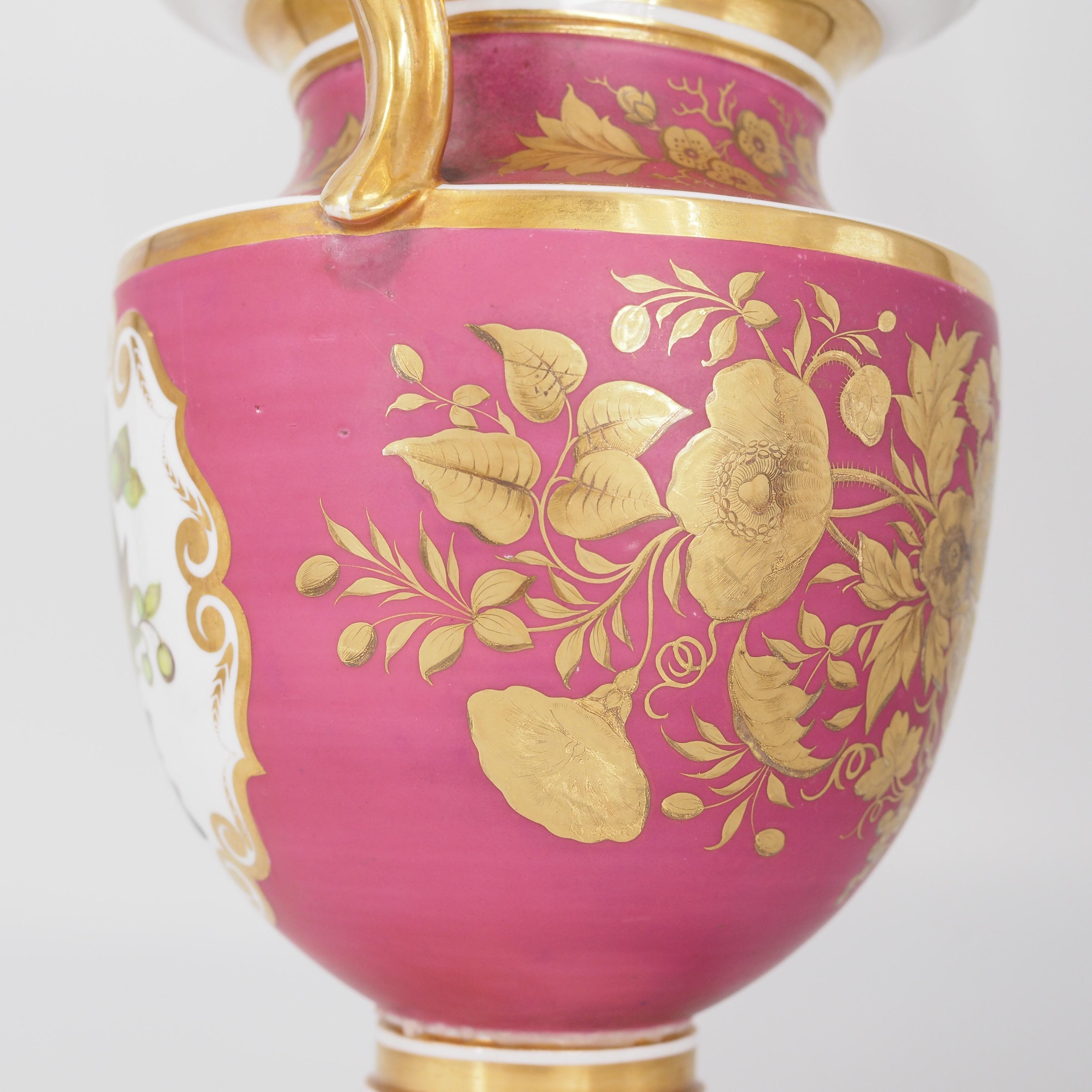 Hand-Painted English Porcelain Classical Vase with Flower Panels, Claret Ground, c. 1825 For Sale