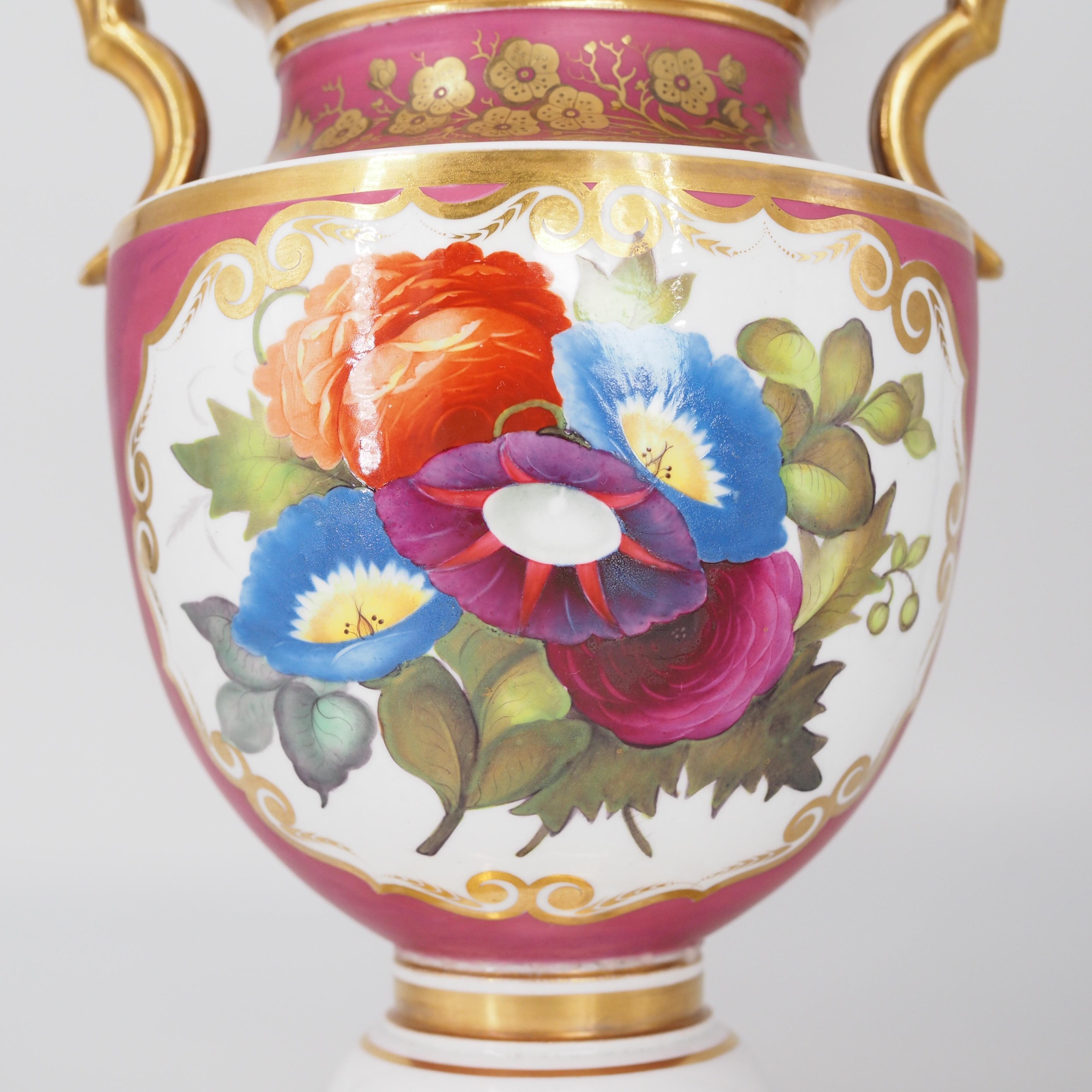 English Porcelain Classical Vase with Flower Panels, Claret Ground, c. 1825 In Good Condition For Sale In Geelong, Victoria