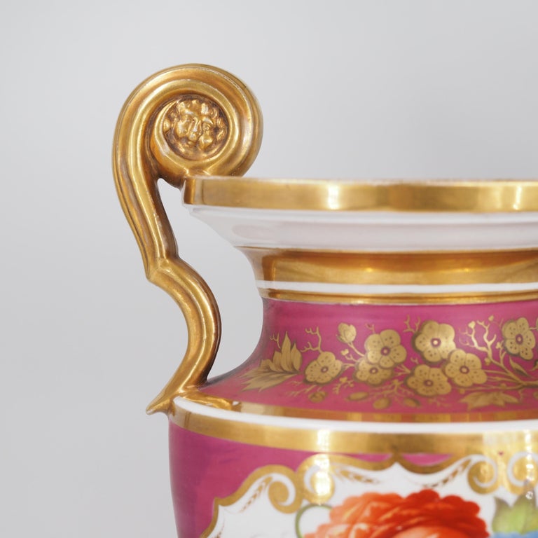 English Porcelain Classical Vase with Flower Panels, Claret Ground, c