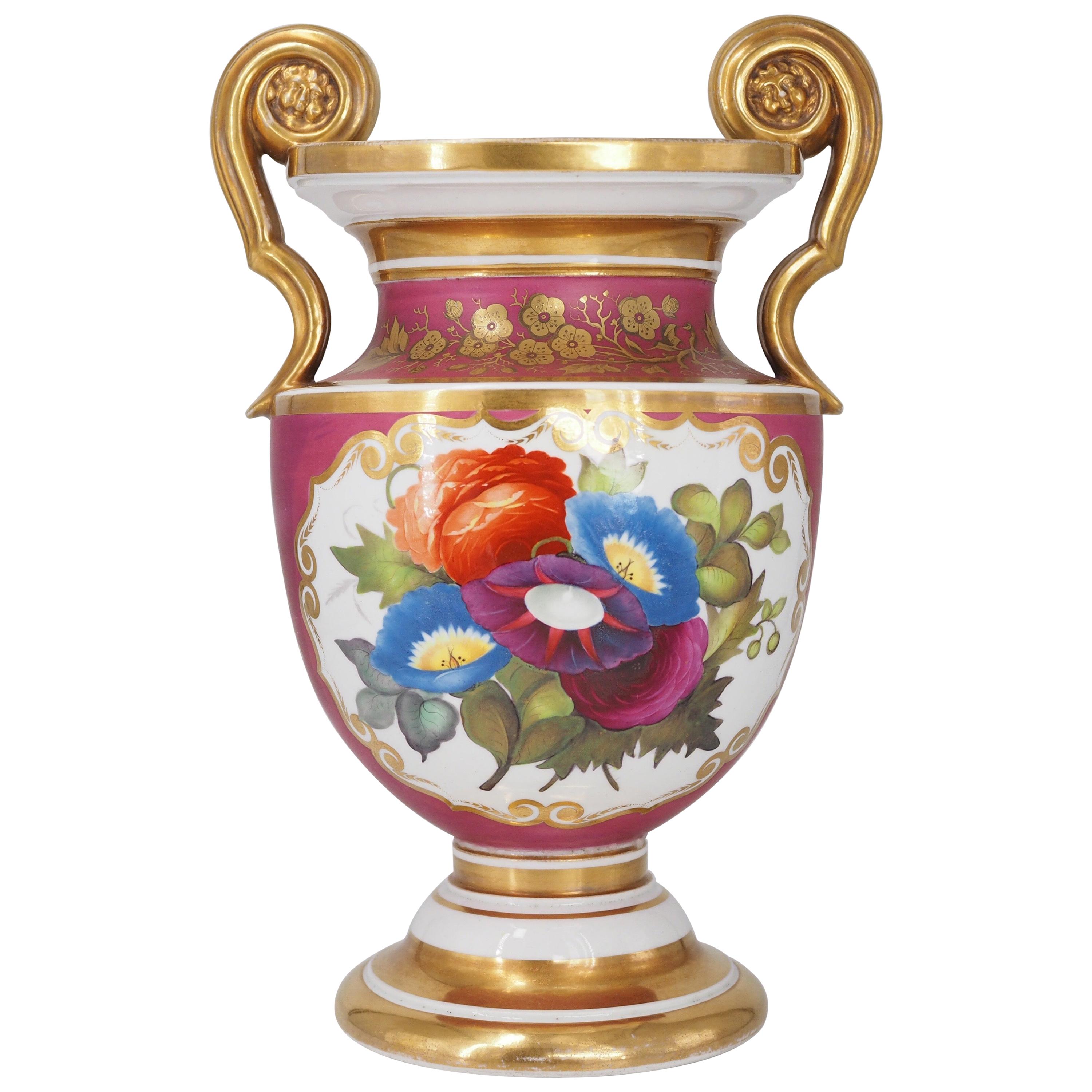 English Porcelain Classical Vase with Flower Panels, Claret Ground, c. 1825 For Sale
