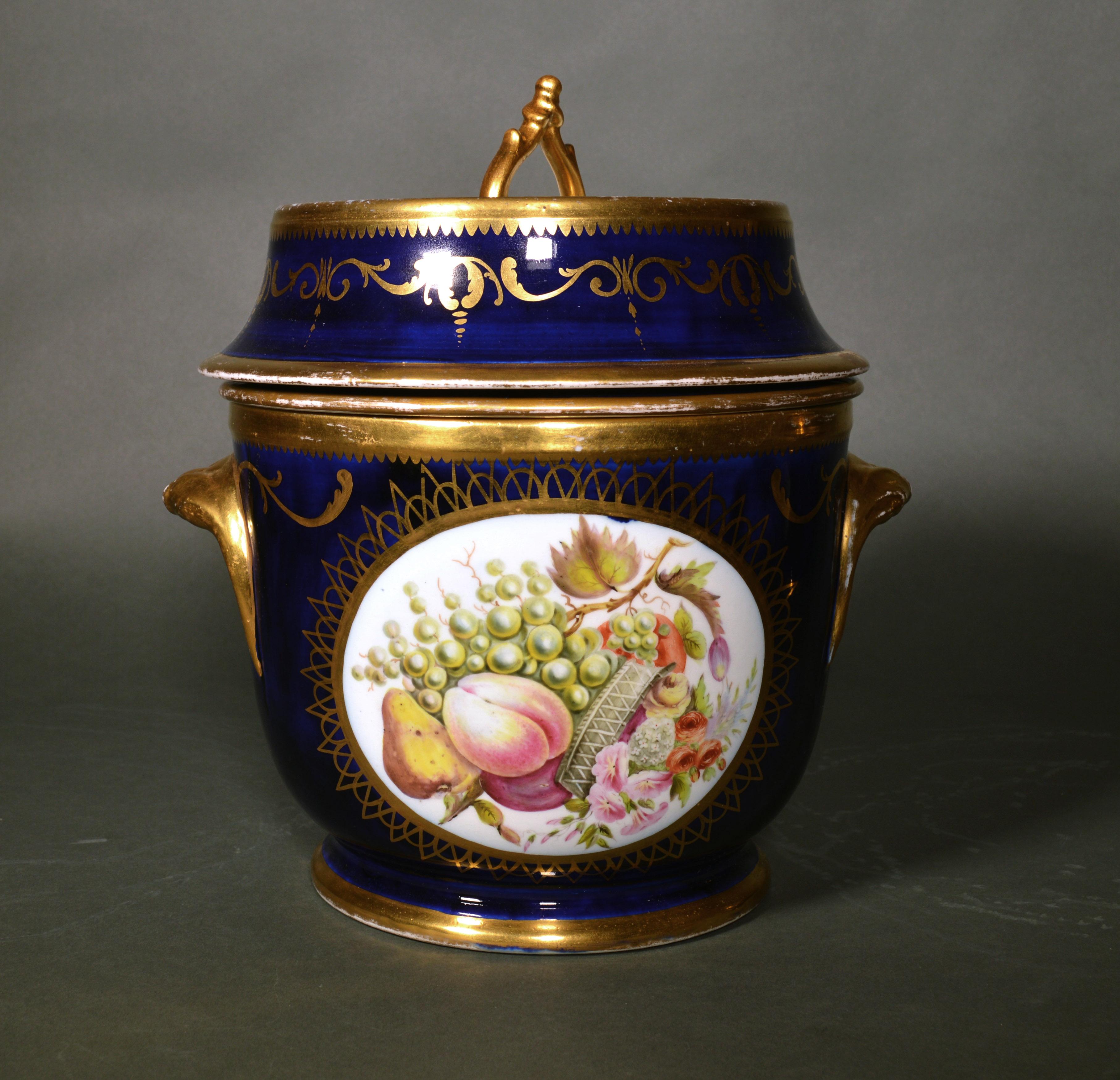 19th Century English Porcelain Coalport Pair of Botanical Fruit Coolers, Covers, and Liners