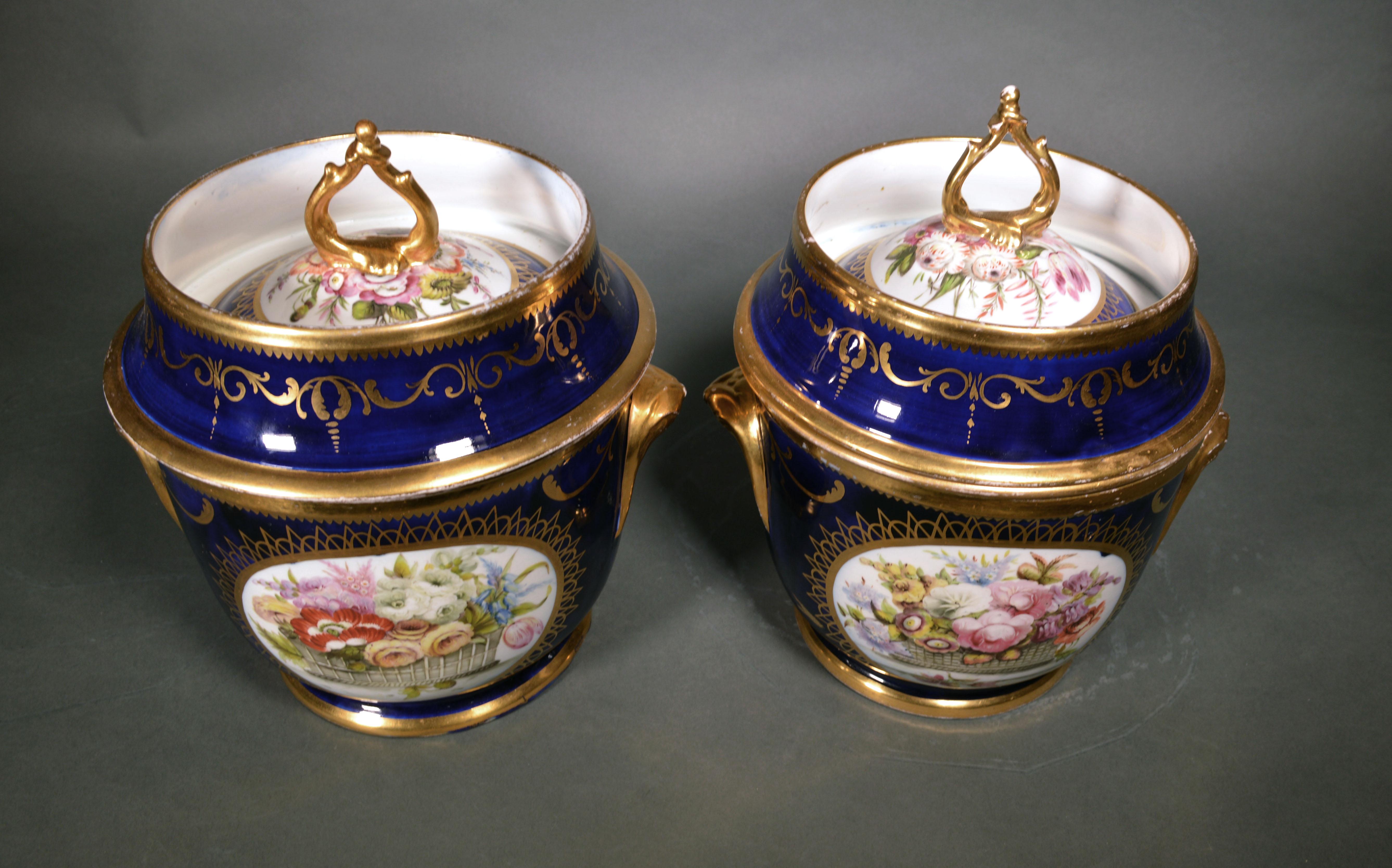 English Porcelain Coalport Pair of Botanical Fruit Coolers, Covers, and Liners 2