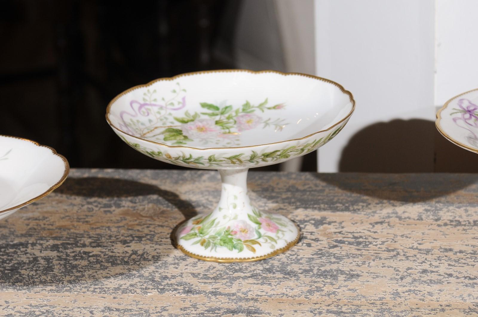 20th Century English Porcelain Compote with Pink Flowers, Purple Ribbons and Gilt Trim