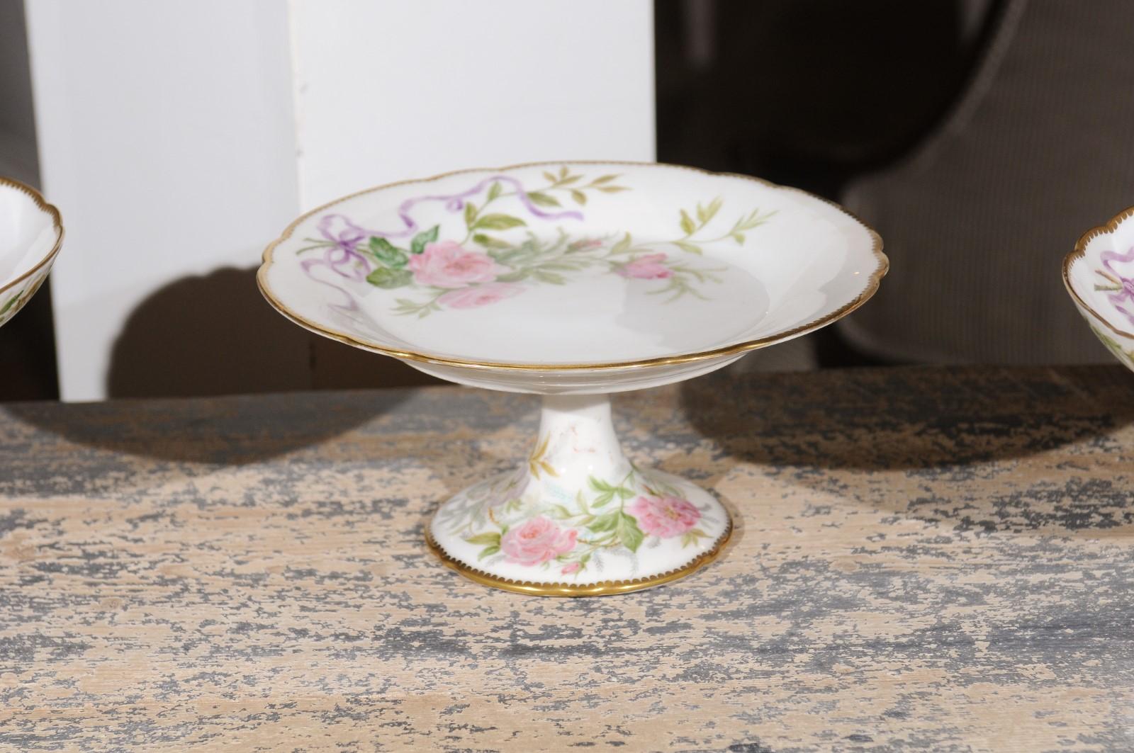 English Porcelain Compote with Pink Flowers, Purple Ribbons and Gilt Trim 1
