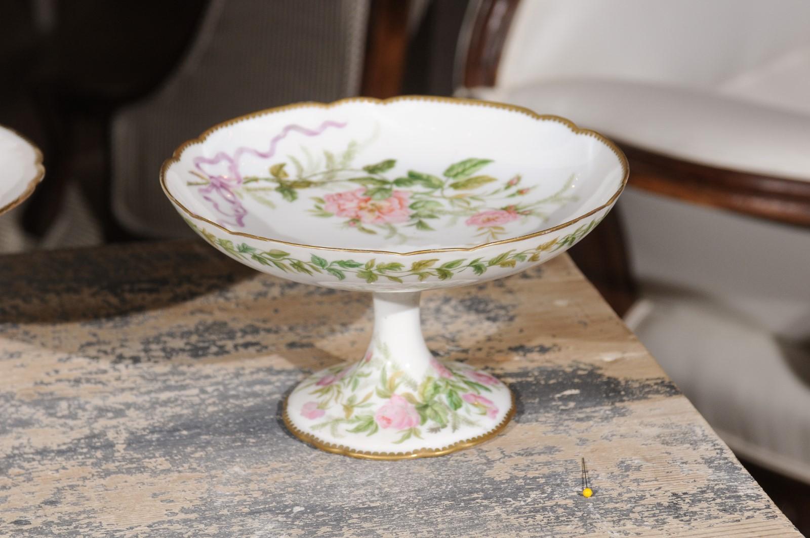 English Porcelain Compote with Pink Flowers, Purple Ribbons and Gilt Trim 2
