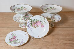 English Porcelain Compotes and Plates with Floral Décor and Gilt Trim
