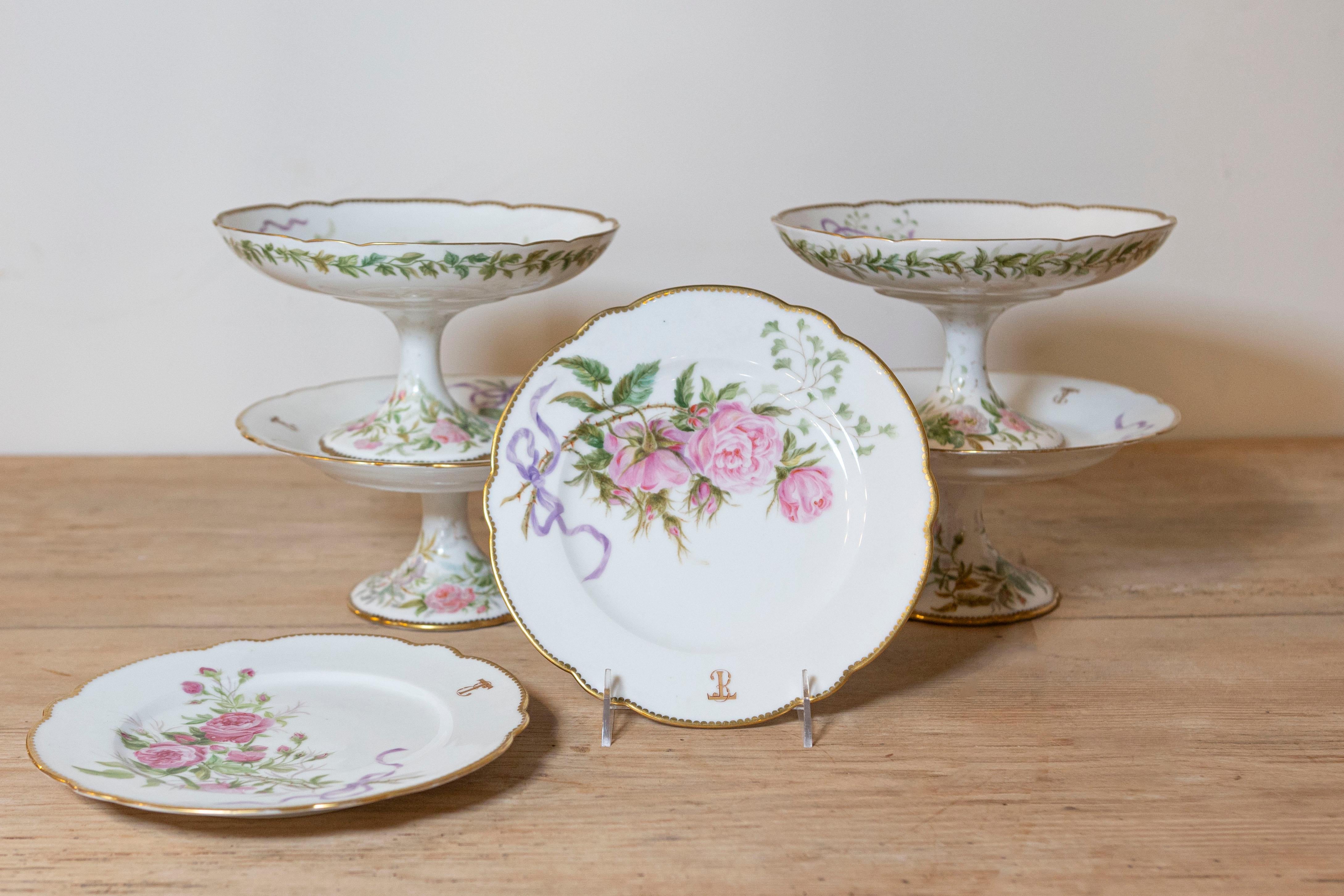English Porcelain Compotes and Plates with Floral Décor and Gilt Trim In Good Condition For Sale In Atlanta, GA