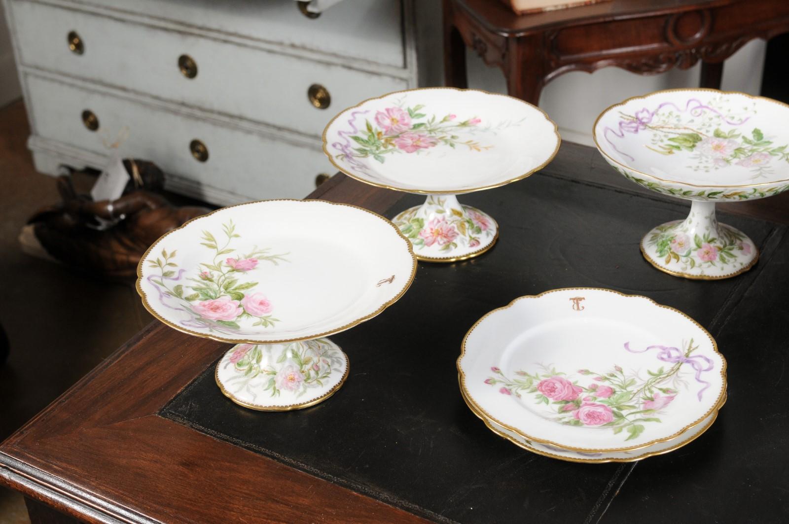 20th Century English Porcelain Compotes and Plates with Floral Décor and Gilt Trim For Sale