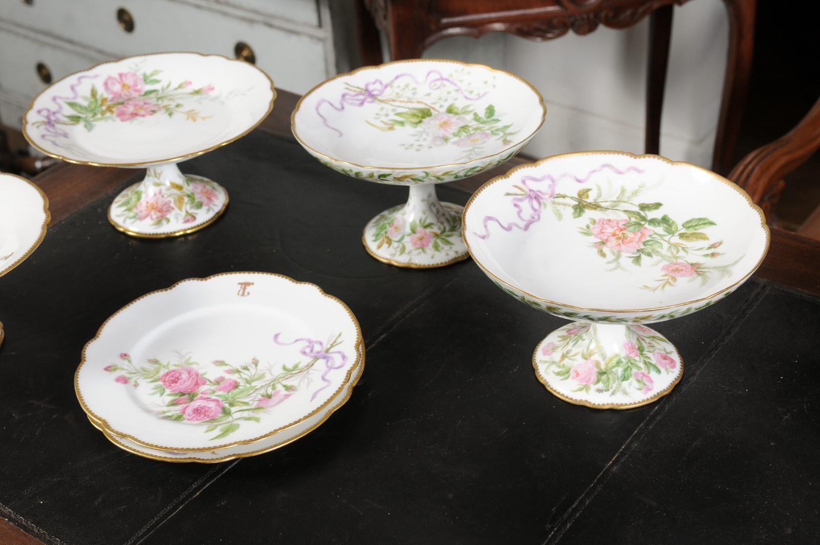 English Porcelain Compotes and Plates with Floral Décor and Gilt Trim For Sale 1