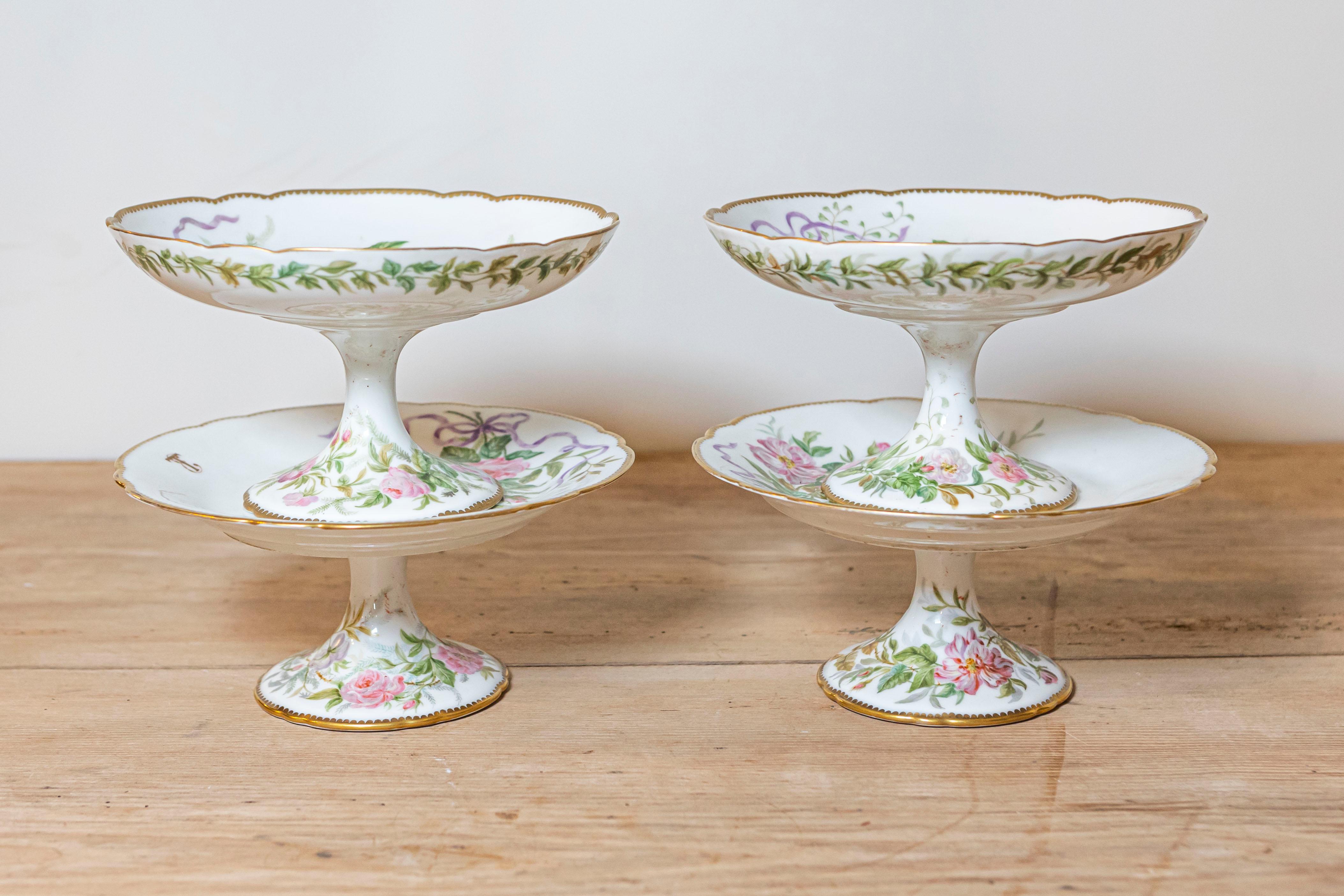 English Porcelain Compotes and Plates with Floral Décor and Gilt Trim For Sale 1