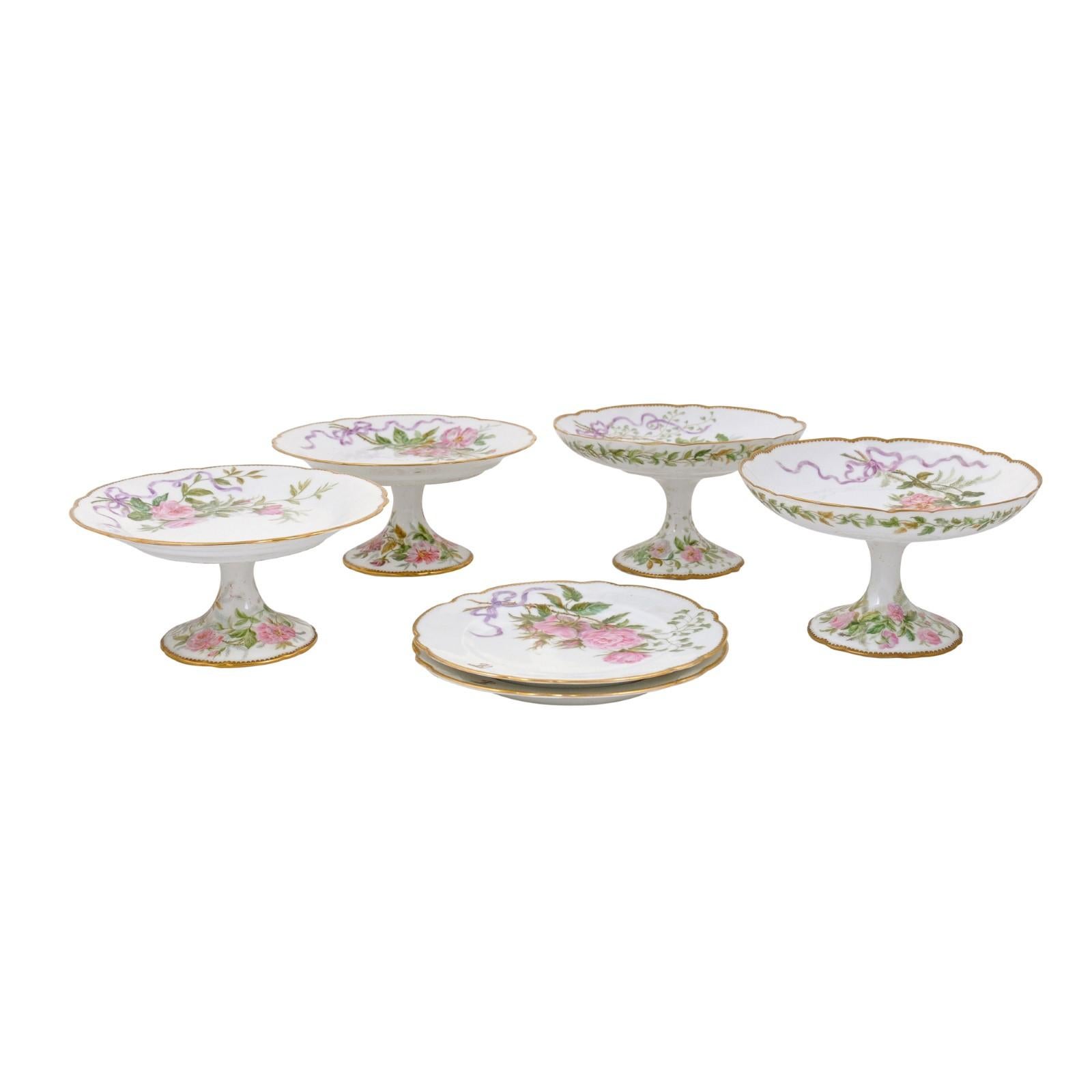 English Porcelain Compotes and Plates with Floral Décor and Gilt Trim For Sale